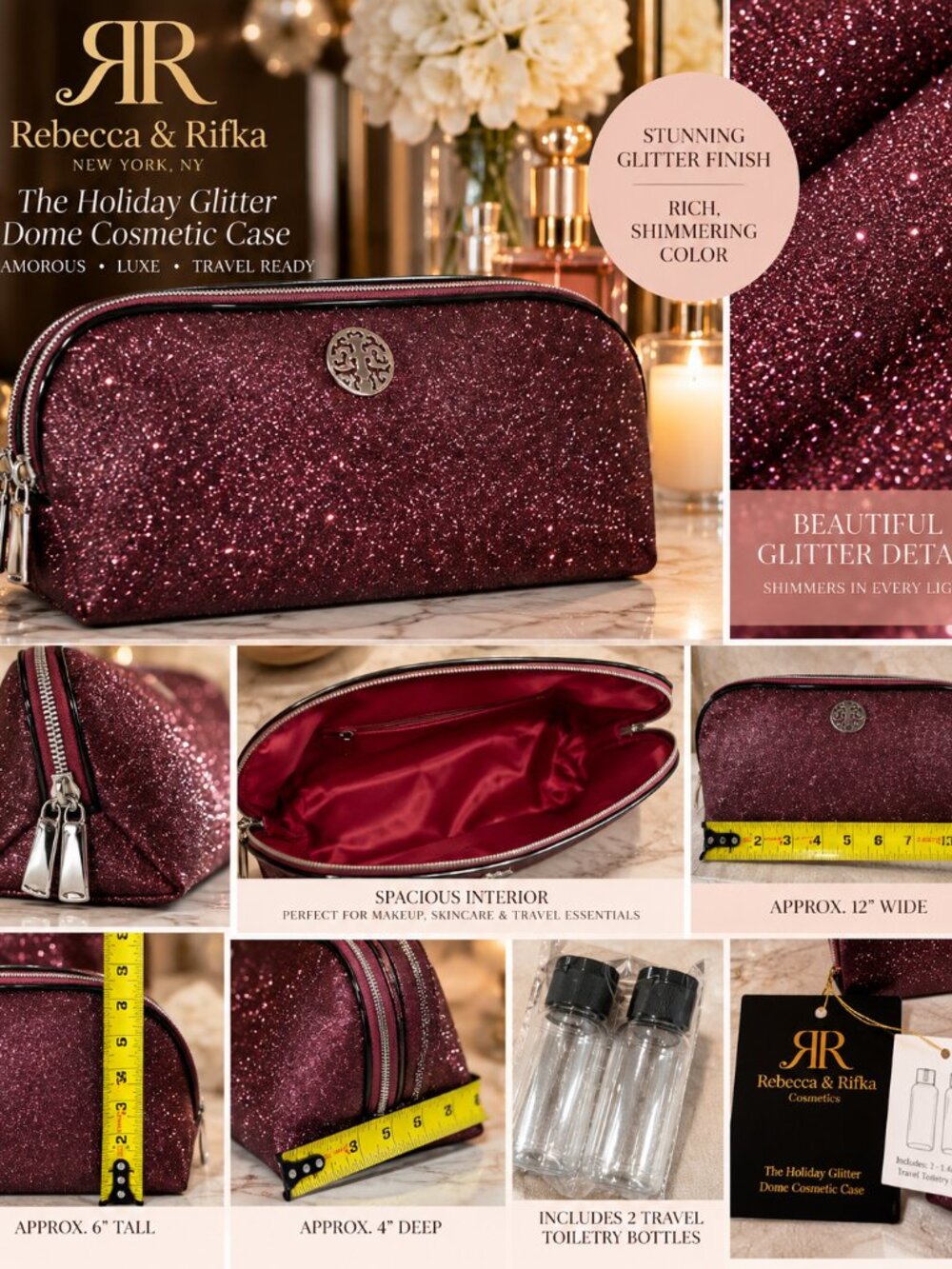 ✨NWT Rebecca & Rifka Burgundy Glitter Dome Cosmetic Travel Bag Bottles✨